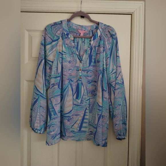 Lilly Pulitzer Elsa Silk Top Light Lilac Verbena Aboat Time XL - Picture 2 of 6